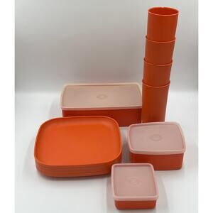 Vintage Tupperware Orange Picnic Tumblers Plates Storage Containers
